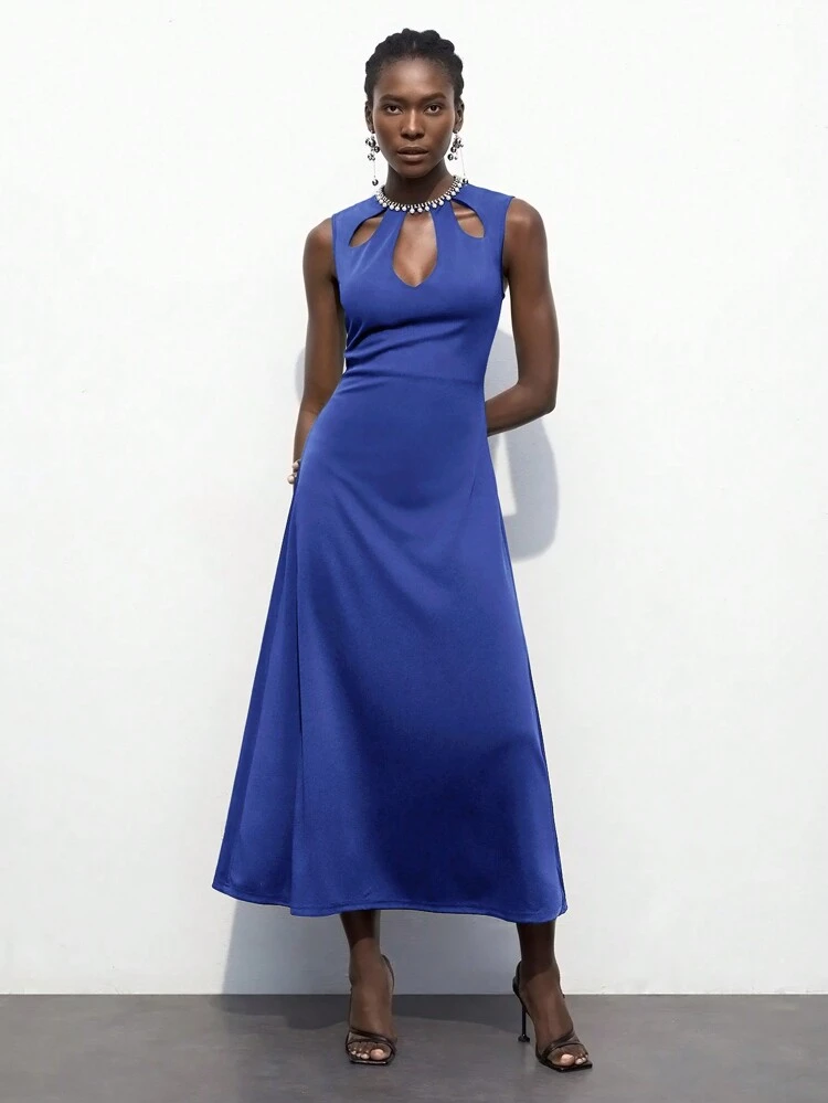 SHEIN Maija 여성용 라인 스톤 네크라인 체인 장식 중공 커트아웃 벨트 플레어 헴 드레스, 여름 웨딩