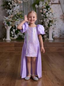 SHEIN Glamorique Kids Christmas Princess Young Girls Elegant Evening Gown Party Dress, Formal High-End Luxury Dress, Tail Design Exquisite Recital Piano Performance Outfit