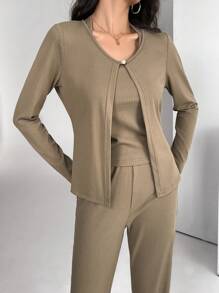 Modelyn Conjunto de 3 piezas para mujer: Chaqueta tipo cárdigan, Camiseta de tirantes y Pantalones casuales 2 piezas - Marrón - Ver 6
