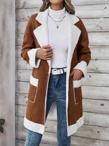 EMERY ROSE 女式撞色口袋前扣长袖常规外套，秋冬季 - 鏽棕色 - 查看 3