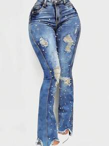 Women's Pearl Jeans, High Waisted Stretch Ripped Distressed Denim Pants,Flared Jeans For Women - Blue - View 1