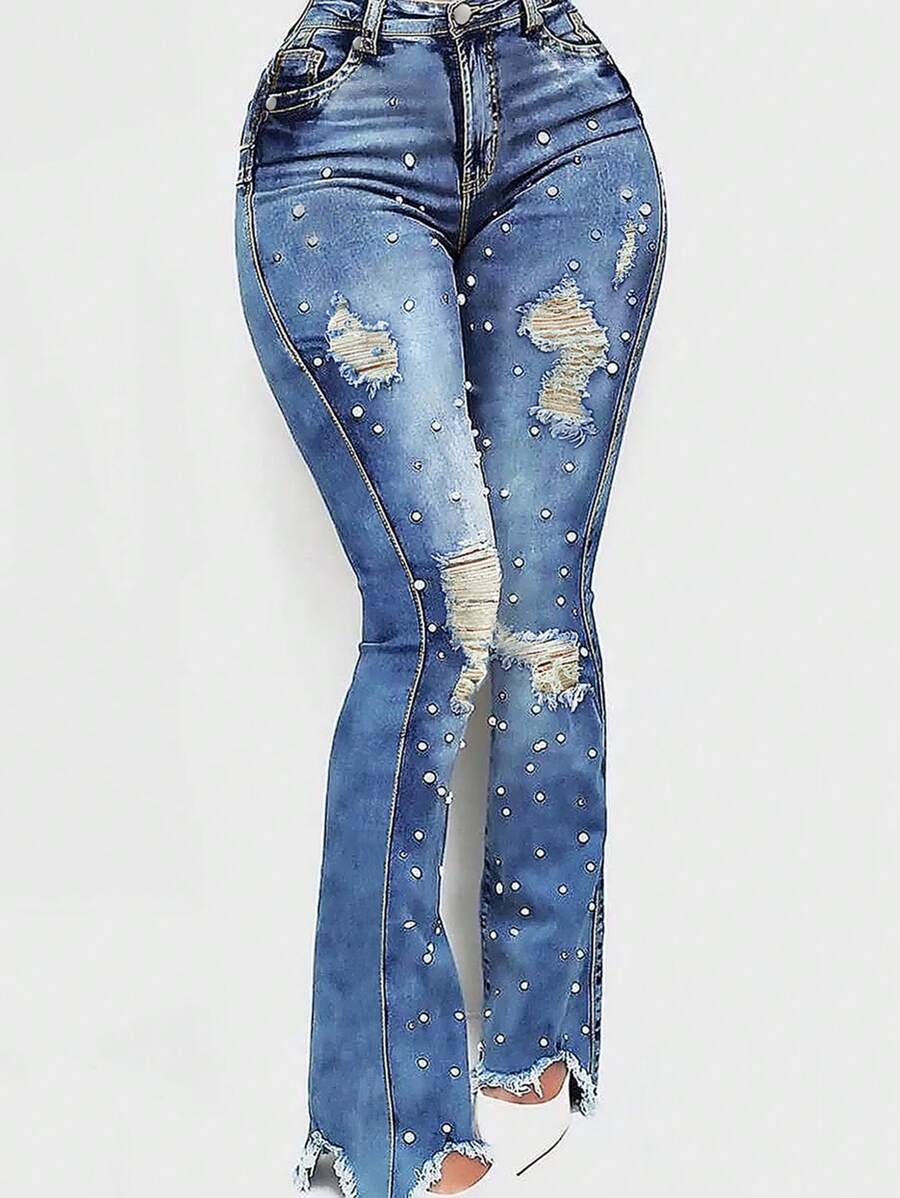 Women's Pearl Jeans, High Waisted Stretch Ripped Distressed Denim Pants,Flared Jeans For Women - Blue - View 1