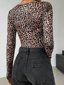 SHEIN EZwear Women Leopard Print Long Sleeve Bodysuit