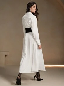 Anewsta 女士 V 领长袖开衩优雅腰带修身衬衫裙长款女装 - 白色 - 查看 5