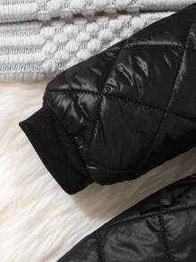 SHEIN 年轻女孩温暖舒适的菱形绗缝加垫立领黑色中长款派克大衣，秋冬款 - 黑色 - 查看 5