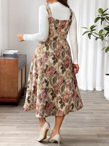 Flirla Đầm Maxi Pinafore cổ vuông có hoa mùa hè dành cho nữ cỡ lớn - Cà phê nâu - Xem 2