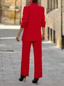 SHEIN LUNE Women Clothing Sets, Fall Shawl Collar Ruched Sleeve Blazer &Suit Pants ,Angela Red Elegant Woman Clothing