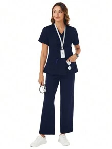 TaskEZ 2pcs Solid V-Neck Pocket Scrubs Top And Pants  Uniform Set - Navy Blue - View 3