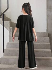 SHEIN Tween Girl Loose Knitted Decor Loose A-Line Short Sleeve T-Shirt And Wide Leg Pants 2-Piece Set - Black - View 2