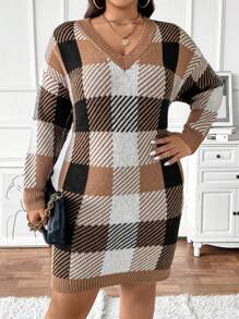 Plus Size Women V-Neck Plaid Casual & Work Sweater Dress, Autumn/Winter - Multicolor - View 1