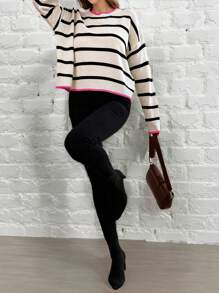 SHEIN LUNE Của phụ nữ Sọc Thả vai Tay áo dài Áo len - trắng - Xem 4