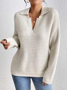 Chiquease 女士法式宽松领针织套头毛衣，秋冬款 - 杏色 - 查看 6