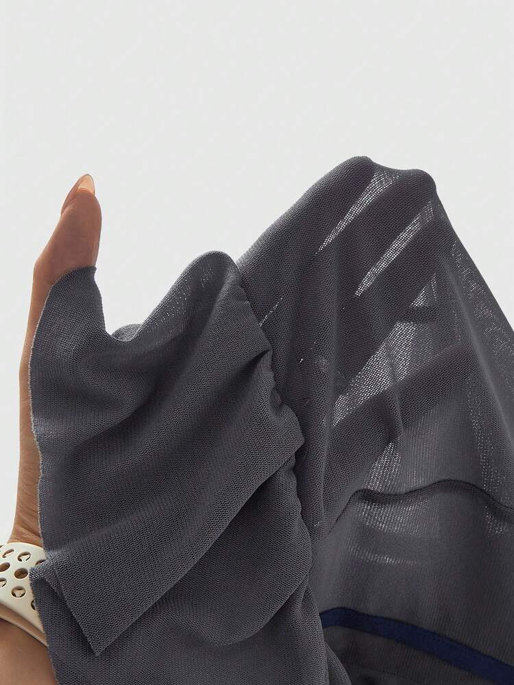 Fashionable Mesh Floral Top With Contrast Woven Belt And Ruffled Collar