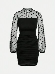 SHEIN Tween Girls' Elegant Polka Dot Mesh Splice Ruched Puff Sleeve Stand Collar Bodycon Dress, Black, Suitable For Home, Outing, Party, Halloween - Black - View 5