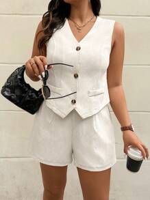 Calvaya Plus Size Solid V-Neck Front Button Sleeveless Blazer Jacket & Shorts 2-Piece Suit Set