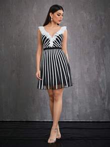 Women's Mgiacy Ruffle Collar Striped Formal Evening Dress - Black and White - View 5