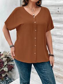 EMERY ROSE 大码女式棕色纽扣缀饰短袖衬衫（春季）