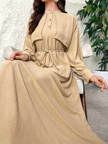 Al Najma Women's Solid Color Long Casual Dress Full Length Modest Elegant Style For Casual Daily/Work/Holiday/Evening Parties/Wedding Guest - Khaki - View 4