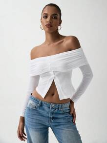 Chiquease Ladies Casual Elegant Off The Shoulder Long Sleeve Solid Color T-Shirt - White - View 4