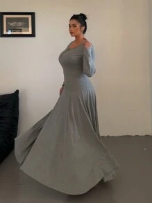 Flirla Plus Size Solid Color Knit Elegant A-Line Flowy Dress Maxi Women Outfit - Grey - View 2