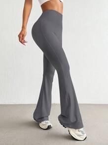 Easithlete 高腰无缝瑜伽裤女式桃臀喇叭修身健身紧身裤 - 灰色 - 查看 5