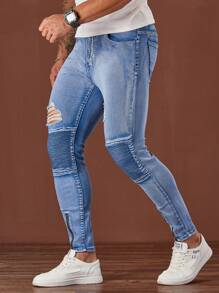 Manfinity Homme 男式浅蓝色水洗破洞紧身牛仔裤，适合休闲户外穿着