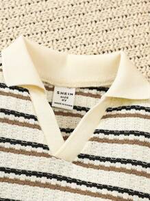 SHEIN 年轻女孩翻领条纹短款修身 T 恤，适合日常休闲穿着，秋季 T 恤 - 白色 - 查看 4