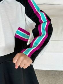 SHEIN 1pc Toddler Girls' Long Sleeve Color-Block Sporty Hoodie Dress, Cinched Waist & Half-Zip Closure - Multicolor - View 6
