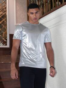 AKNOTIC Men Crew Neck Short Sleeve Plain Metallic Summer Tee, 2000s Style T-Shirt, Couple Things - Silver - View 1