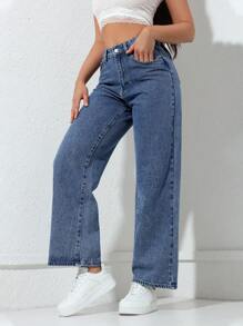 SHEIN PETITE 女士休闲破洞直筒牛仔裤 - 中等水洗藍 - 查看 2