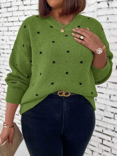 EMERY ROSE Plus Size rundhalsad långärmad enkel tröja i prickmönster, vardagskläder, till Thanksgiving, vinter
