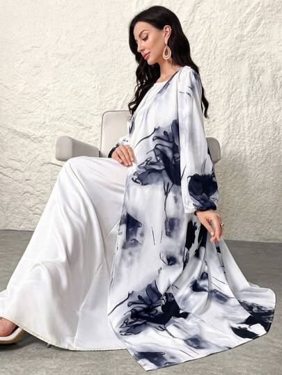 Al Najma 女士优雅水墨印花素雅长袖阿拉伯长袍