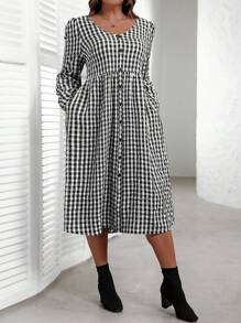 EMERY ROSE Robe casual à manches longues pour l'automne, col V, imprimé à carreaux, grande taille