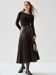 Enchnt 春夏浪漫法式黑色百褶PU半身裙，甜美优雅，适合日常休闲穿着、工作装、下午茶、浪漫约会、假日、毕业典礼、日常通勤、度假、音乐会等场合。 - 黑色 - 查看 5