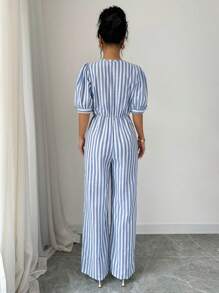 Chiquease Mono de algodón a rayas con lazo delantero para mujeres - Azul - Ver 2