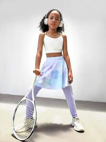 SHEIN Quần legging thể thao cho bé gái tuổi mới lớn, in tie-dye, co giãn và thoáng khí, phù hợp cho các môn thể thao, yoga, chạy bộ, lớp thể dục, quần vợt, cầu lông, thể dục dụng cụ, khiêu vũ, cổ vũ - Màu tím - Xem 4