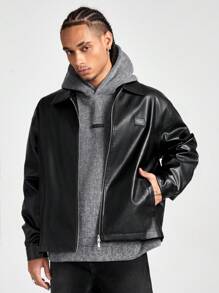 Manfinity VCAY Men's PU Leather Long Sleeve Casual Shacket - Black - View 4