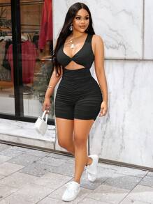 SOLERSUN 女士緊身扭結切割紋路側邊拉皺設計 - 黑色 - 查看 6