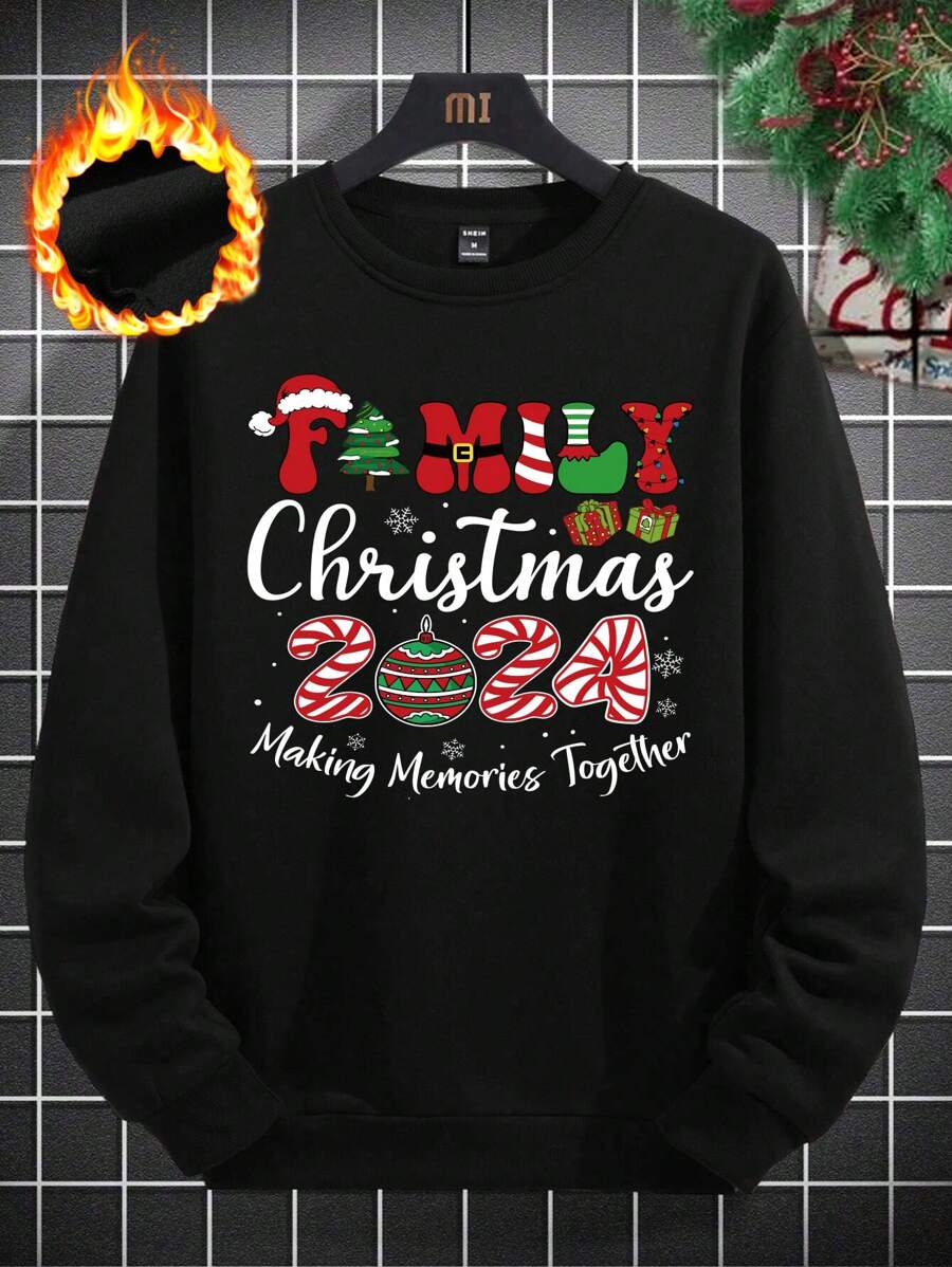 Manfinity 1pc Men's Fashionable Casual Christmas Slogan & Light Bulb Graphic Print Fleece Sweatshirt, Suitable For Family Christmas Party & Gift - Black - View 1