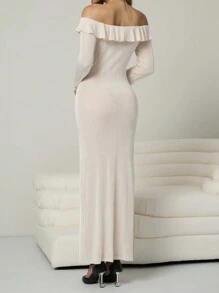 Chiquease Women's Elegant Off-Shoulder Flounce Split Dress Fall Cloth For Women - Apricot - View 2