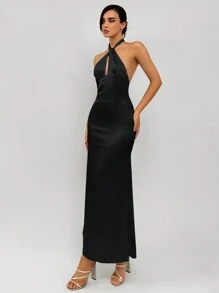 Aloruh 女士镂空前褶饰露背紧身连衣裙，适合派对婚礼，美人鱼轮廓 - 黑色 - 查看 3