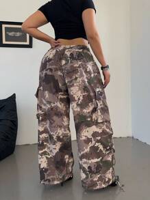 Flirla Plus Size Elastic Drawstring Side Pocket Camouflage Fashion Casual Pants - Multicolor - View 3