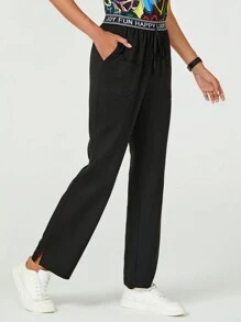 TaskEZ Women's Black 3 Pkt Logo Waist Pants With Drawstring Letter Pattern Waistband /Nurse Uniform Pants Scrub Pants - Black - View 1