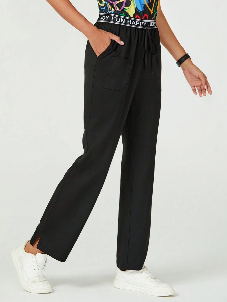 TaskEZ Women's Black 3 Pkt Logo Waist Pants With Drawstring Letter Pattern Waistband /Nurse Uniform Pants Scrub Pants - Black - View 1