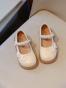 1双女童纯色新款珍珠装饰儿童平底鞋女童蝴蝶结圆头小皮公主碎花休闲鞋适合春秋季 - 米色 - 查看 6