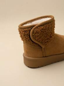 1 Pair Girls' Camel Color Hook And Loop Flat Casual Comfortable Plush Snow Boots, Suitable For Winter