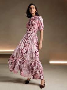 Anewsta 2pcs/Set French Retro Elegant Double Ruffle Collar Floral Print Short Sleeve Blouse And Mini Skirt