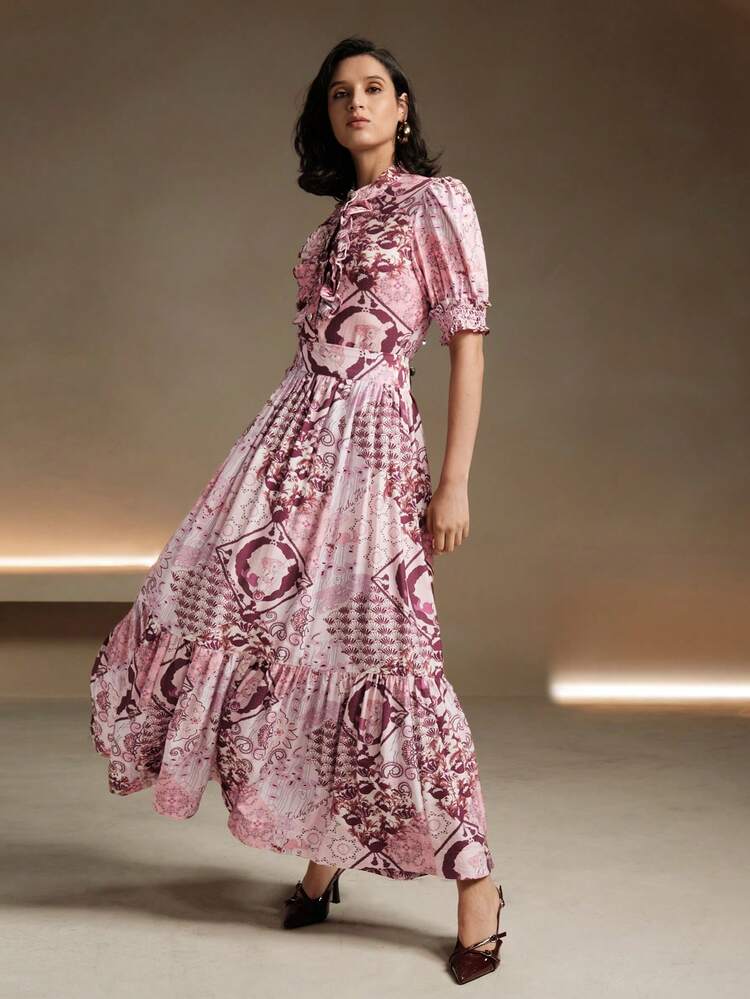 2pcs/Set French Retro Elegant Double Ruffle Collar Floral Print Short Sleeve Blouse And Skirt