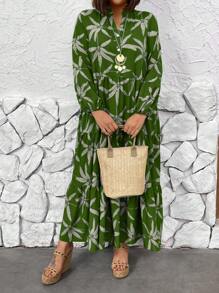 Breezaya 加大码前扣长袖褶饰印花宽松长连衣裙 - 墨綠色 - 查看 6