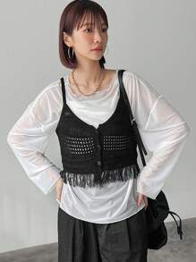 FRIFUL Áo hai dây dệt kim tua rua màu trơn thường ngày dành cho nữ, Xuân/Hè trong suốt Thu - màu đen - Xem 3